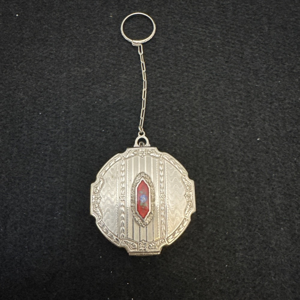 Antique Art Deco Silver Blue Guilloche Enamel Fob Chain Puff Dance Compact